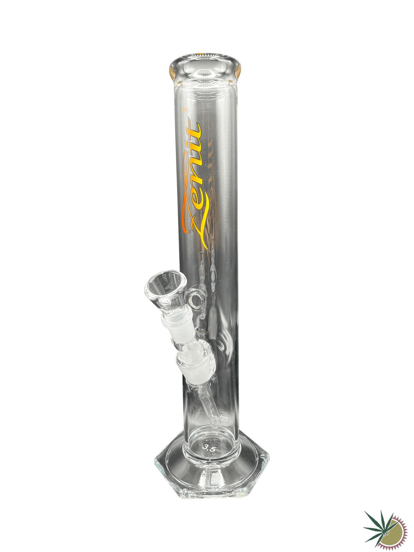 Zenit Bong 18.8er Schliff "500er" Rot-gelbes Logo Kickloch 3.5mm 38cm Mega-Cut - THC Headshop